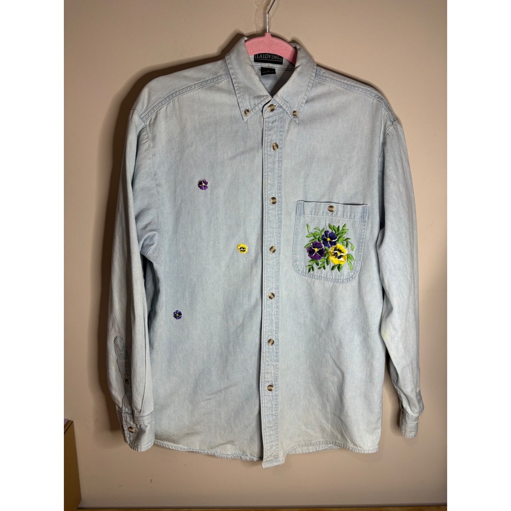 LA Loving Womens Light Wash Denim Embroidered Pansy Floral Button Down Shirt M